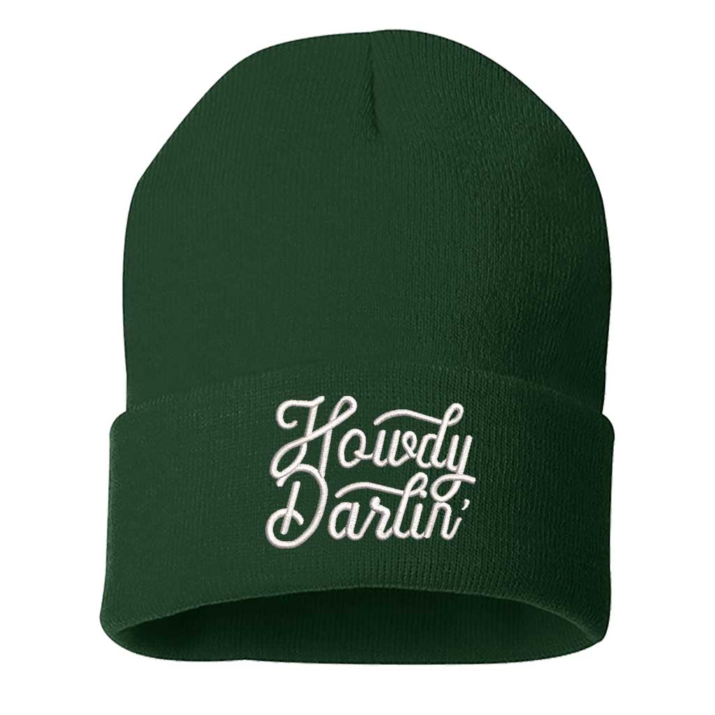 Forest Green beanie embroidered with the phrase howdy darlin-DSY Lifestyle