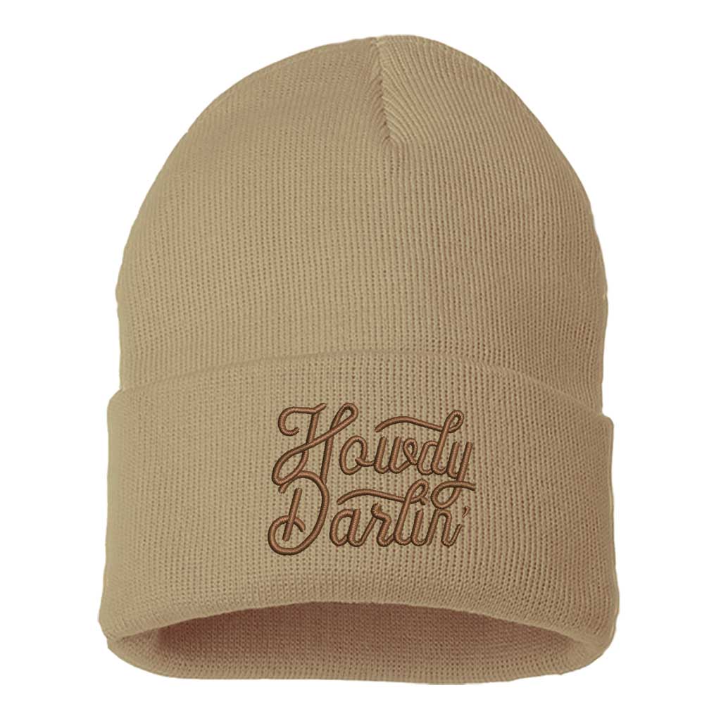 Khaki/Brown Thread beanie embroidered with the phrase howdy darlin-DSY Lifestyle