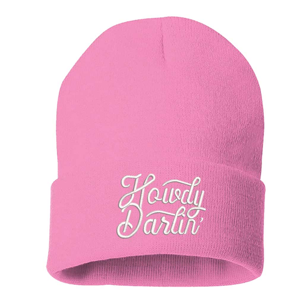 Pink beanie embroidered with the phrase howdy darlin-DSY Lifestyle
