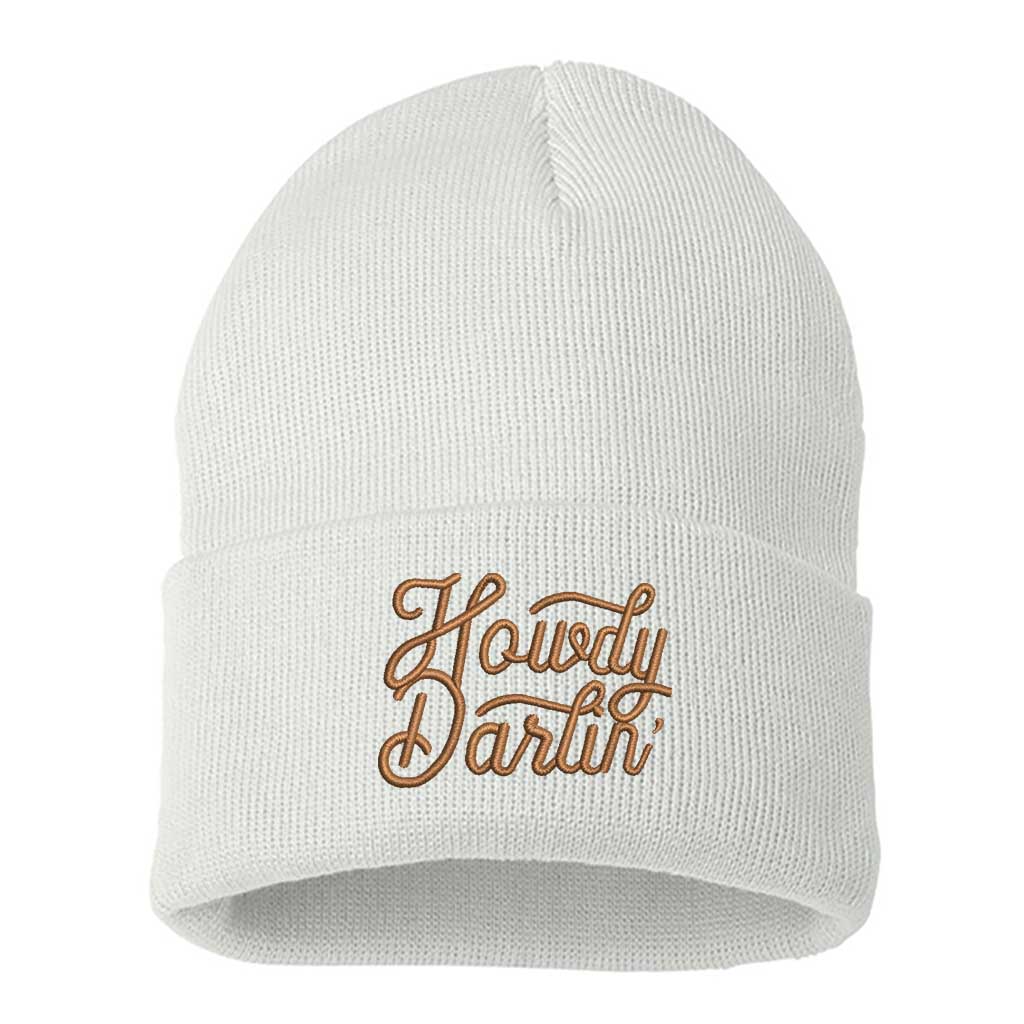 White/Brown Thread beanie embroidered with the phrase howdy darlin-DSY Lifestyle