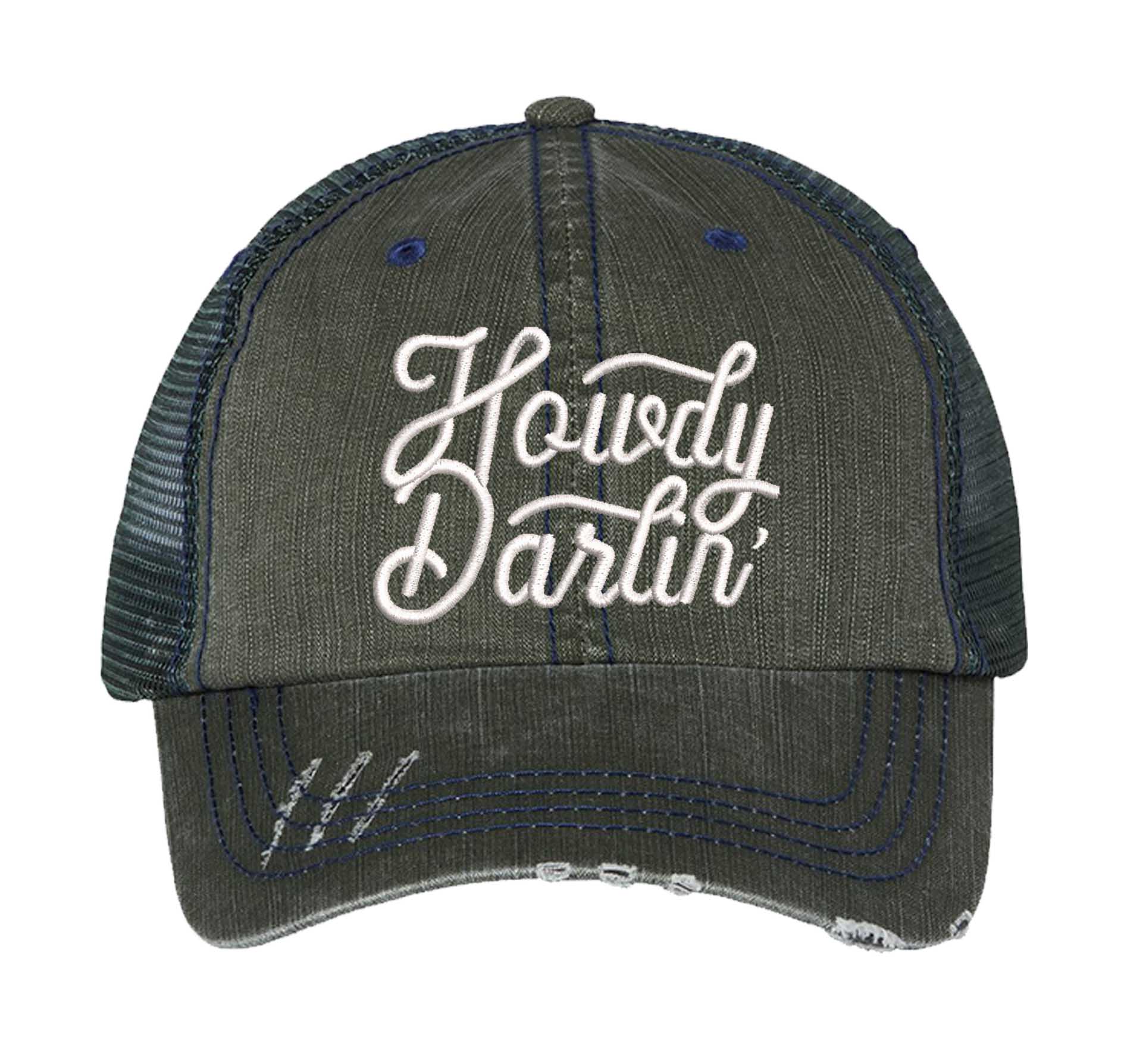 Forest Green DSY Lifestyle distressed trucker hat featuring the words Howdy Darlin in bold western-style embroidery. - DSY Lifestyle