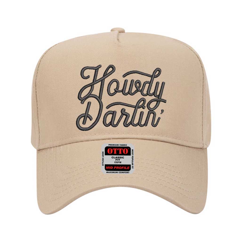 Khaki 5 panel baseball hat embroidered with the phrase howdy darlin-DSY Lifestyle