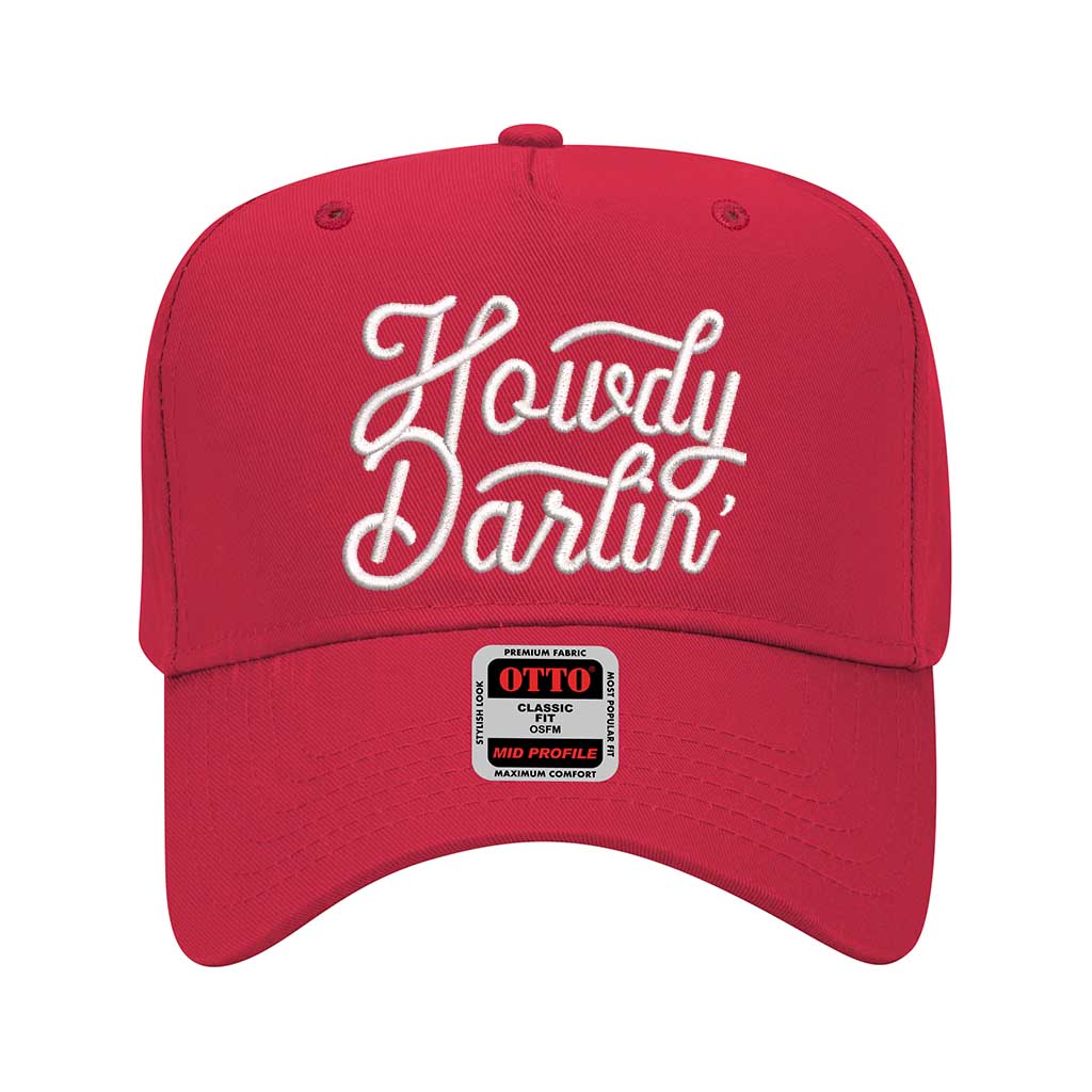 Red 5 panel baseball hat embroidered with the phrase howdy darlin-DSY Lifestyle