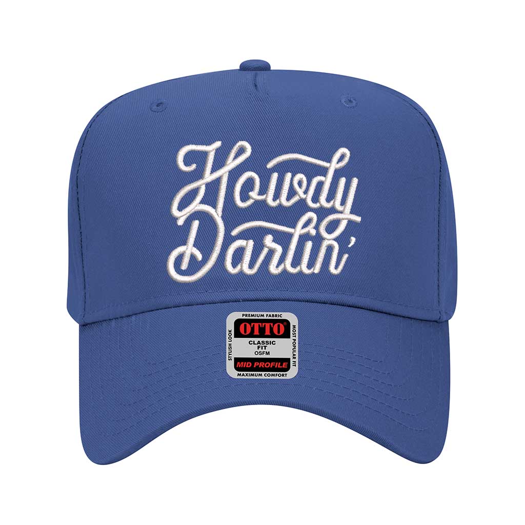 Royal Blue 5 panel baseball hat embroidered with the phrase howdy darlin-DSY Lifestyle