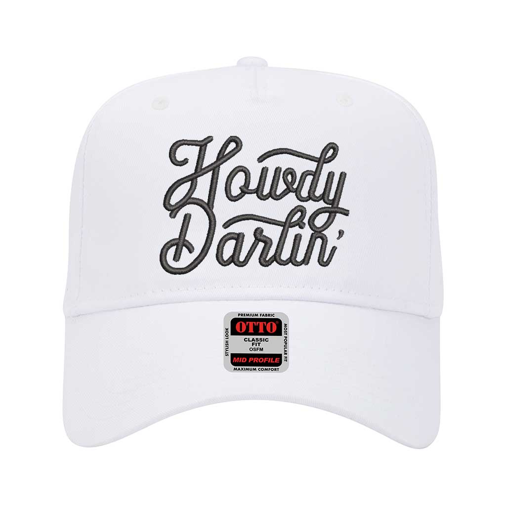 White 5 panel baseball hat embroidered with the phrase howdy darlin-DSY Lifestyle