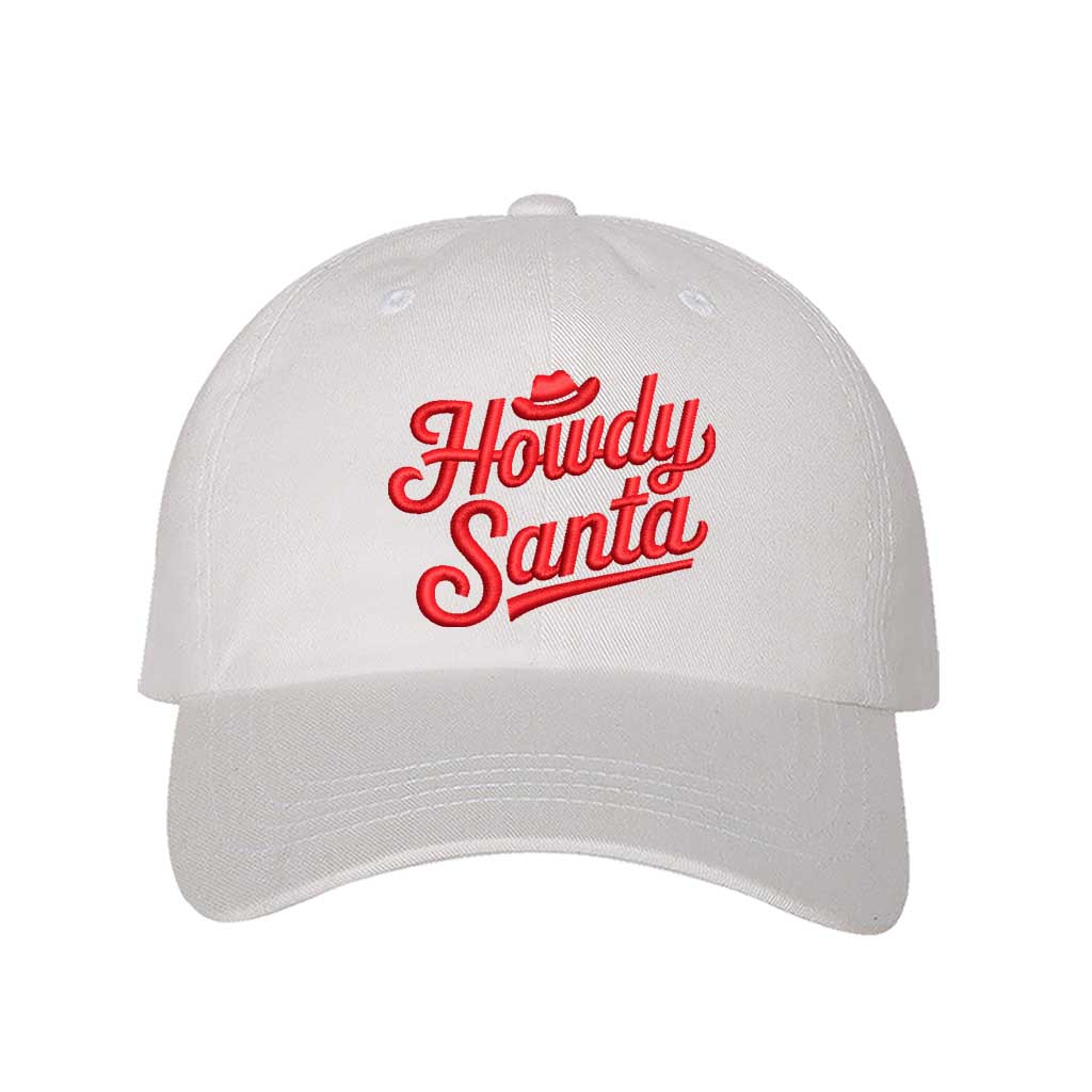 White Howdy Santa Cowboy Embroidered Baseball Hat featuring festive holiday embroidery, adjustable closure, and breathable cotton comfort – DSY Lifestyle