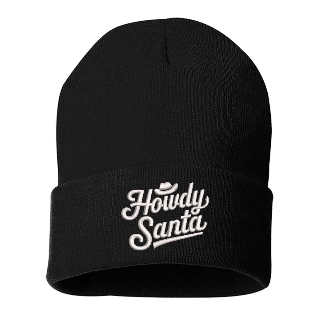 Black Howdy Santa Embroidered Beanie Cap featuring festive southern-style embroidery on a cozy knit design – DSY Lifestyle