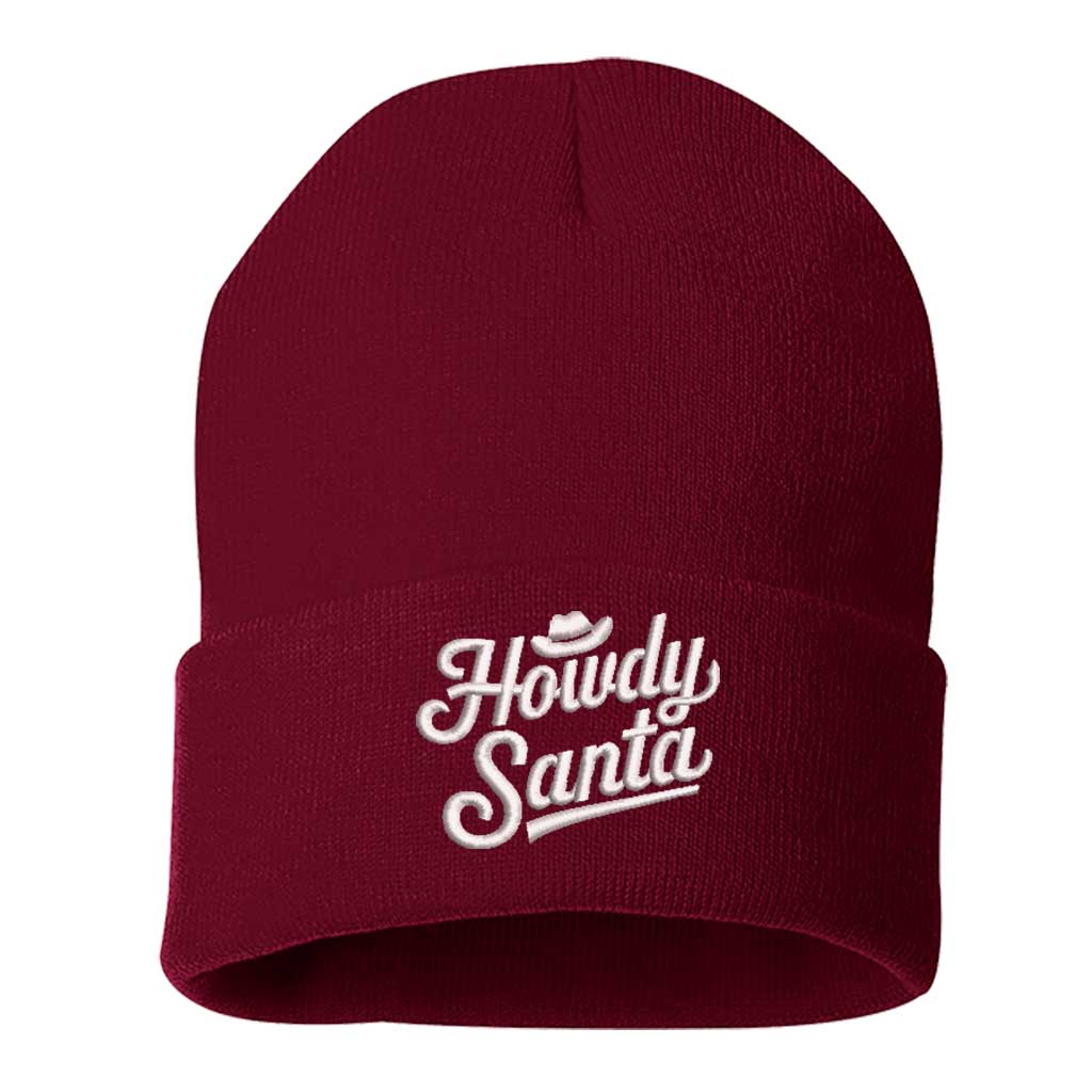 Burgundy Howdy Santa Embroidered Beanie Cap featuring festive southern-style embroidery on a cozy knit design – DSY Lifestyle