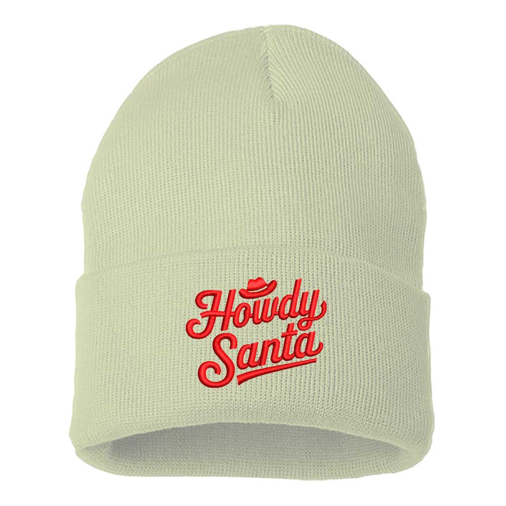 Cream with red thread Howdy Santa Embroidered Beanie Cap featuring festive southern-style embroidery on a cozy knit design – DSY Lifestyle