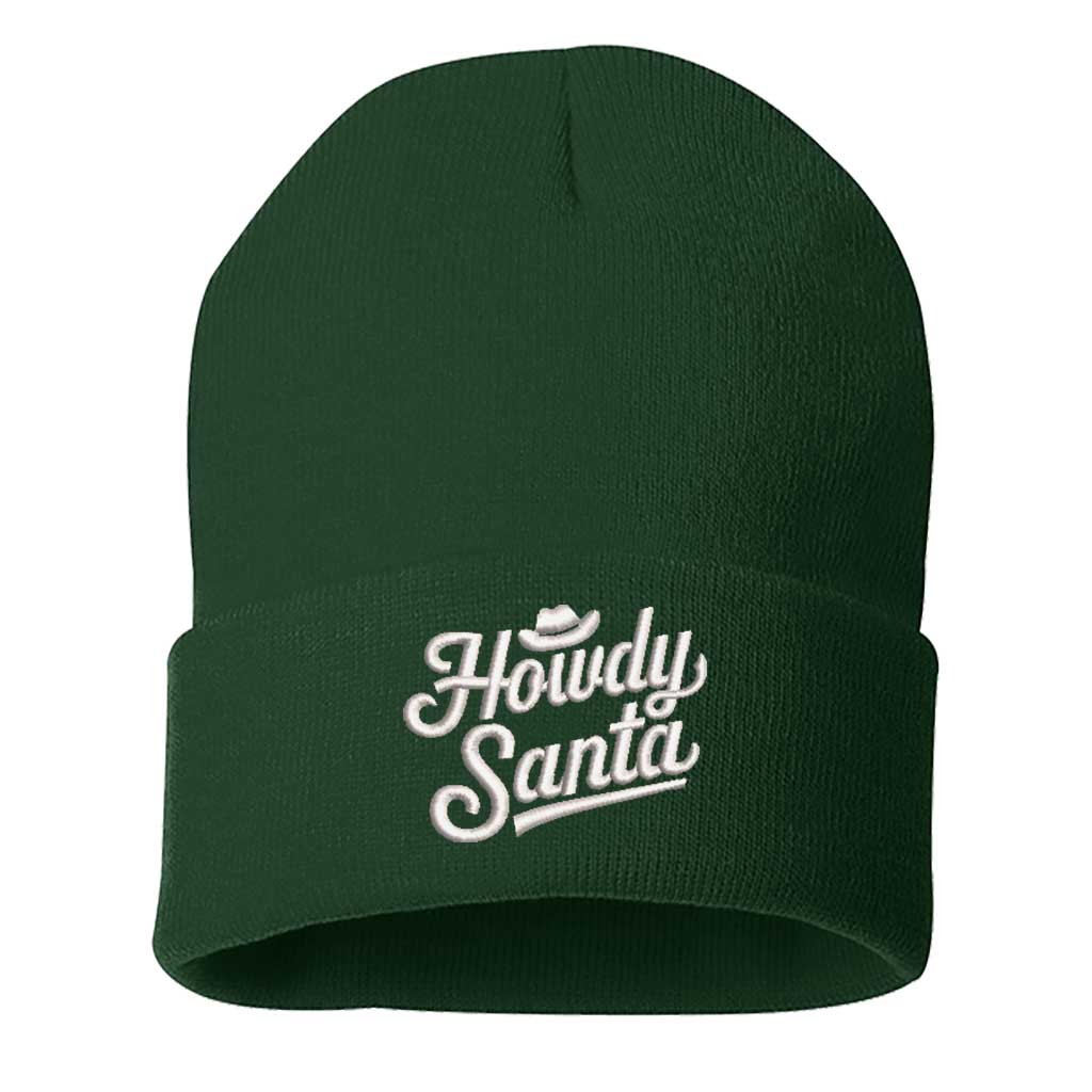 Forest Green Howdy Santa Embroidered Beanie Cap featuring festive southern-style embroidery on a cozy knit design – DSY Lifestyle