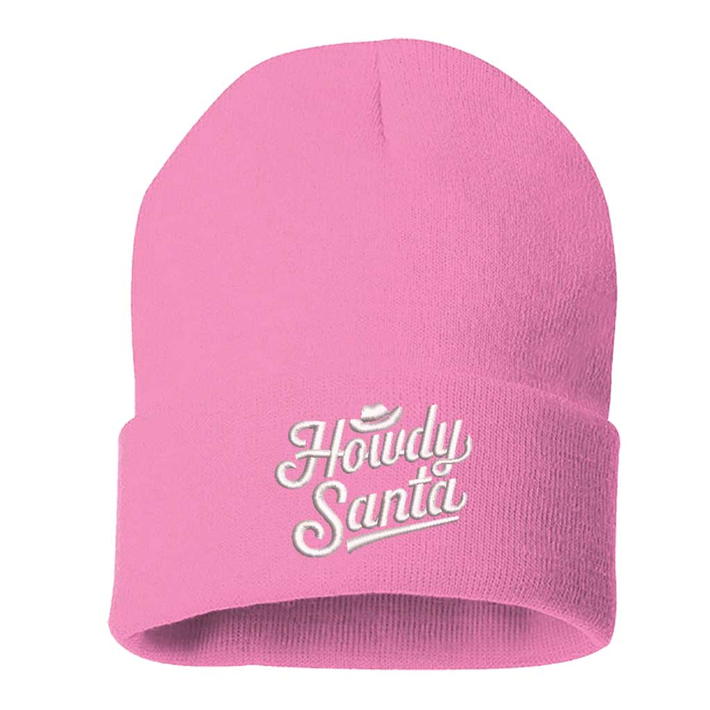 Light Pink Howdy Santa Embroidered Beanie Cap featuring festive southern-style embroidery on a cozy knit design – DSY Lifestyle