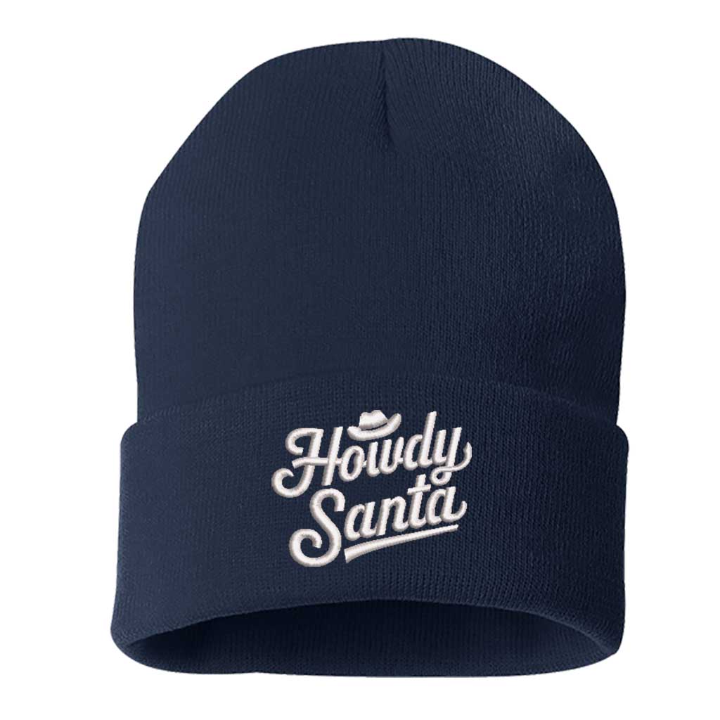 Navy Blue Howdy Santa Embroidered Beanie Cap featuring festive southern-style embroidery on a cozy knit design – DSY Lifestyle