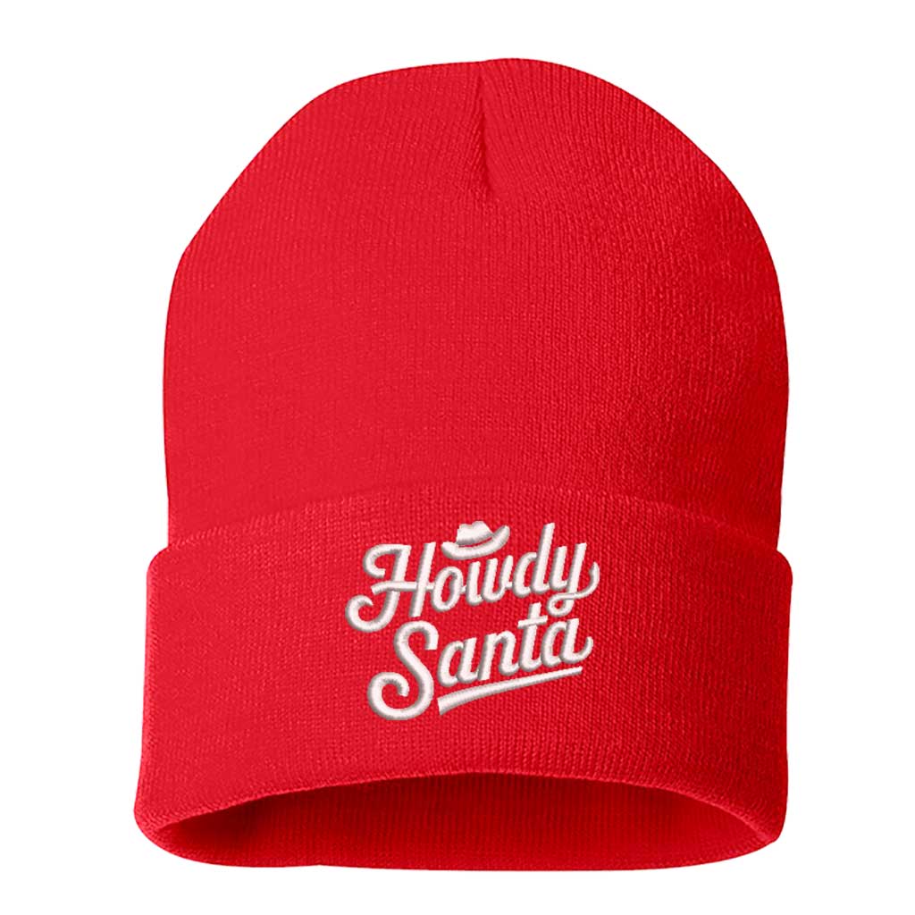 Red Howdy Santa Embroidered Beanie Cap featuring festive southern-style embroidery on a cozy knit design – DSY Lifestyle