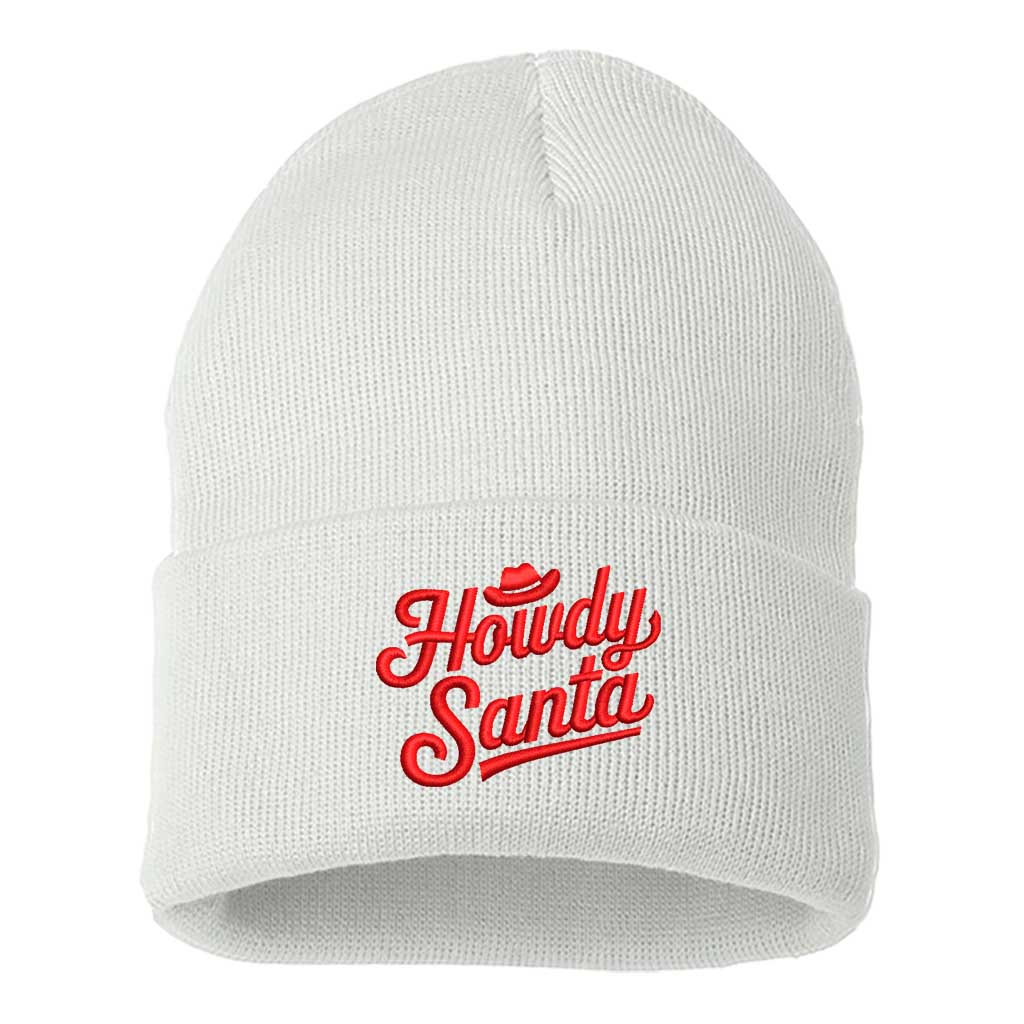 White with red thread Howdy Santa Embroidered Beanie Cap featuring festive southern-style embroidery on a cozy knit design – DSY Lifestyle