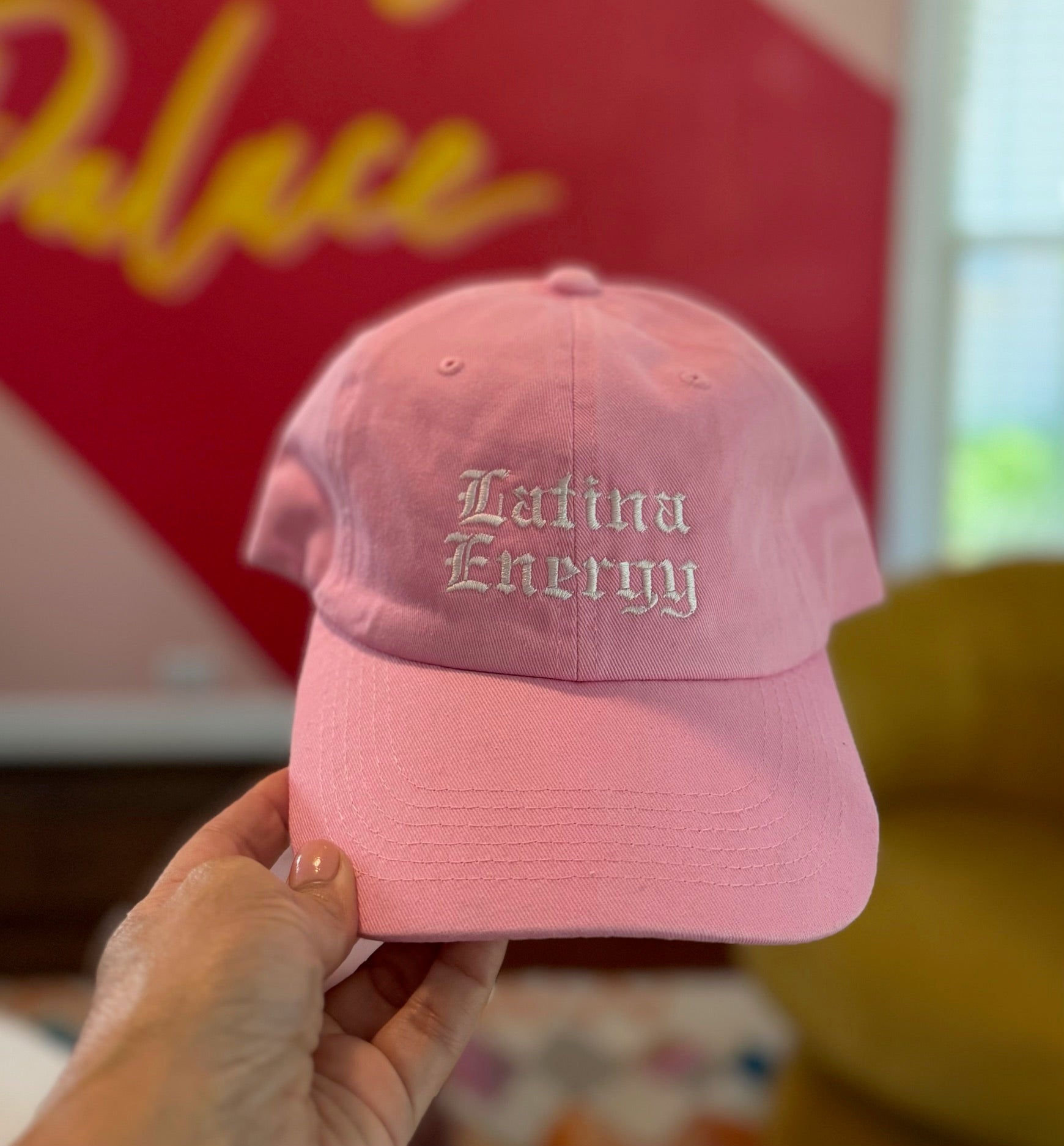 Light Pink baseball hat embroidered with the phrase latina energy in old english letters-DSY Lifestyle