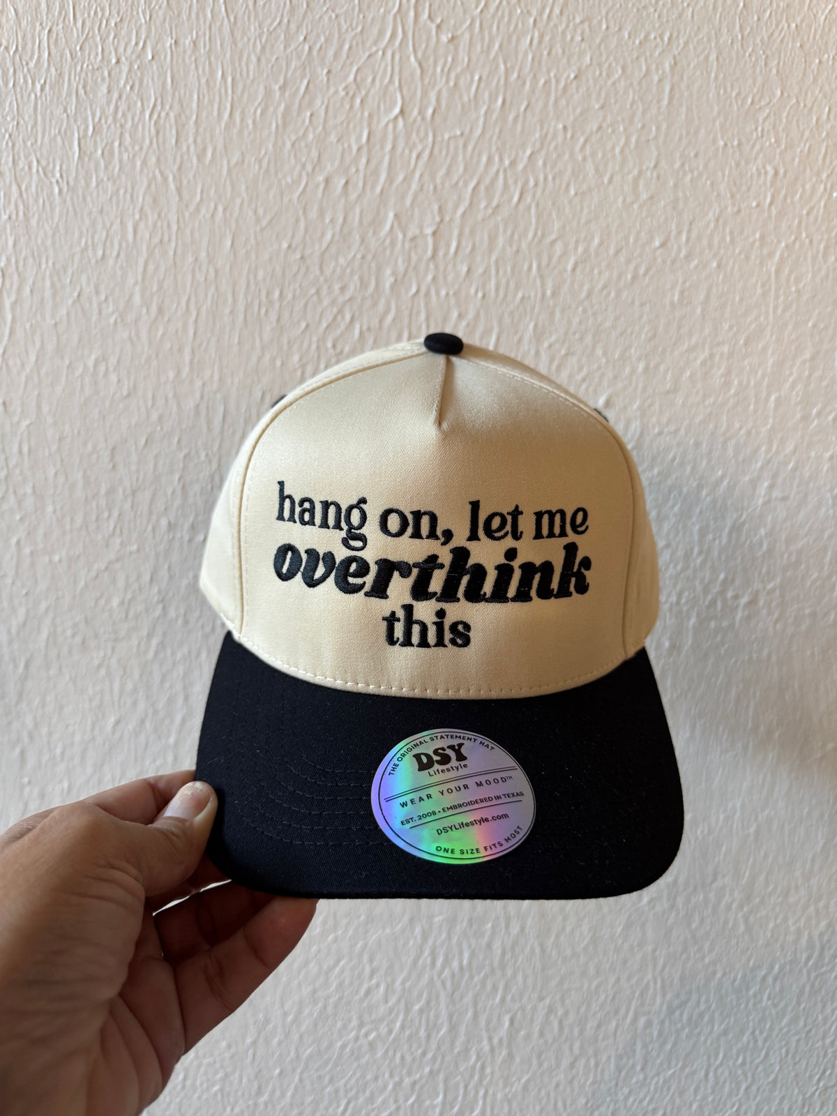 Hang On, Let Me Overthink This embroidered two-tone trucker hat on a white background