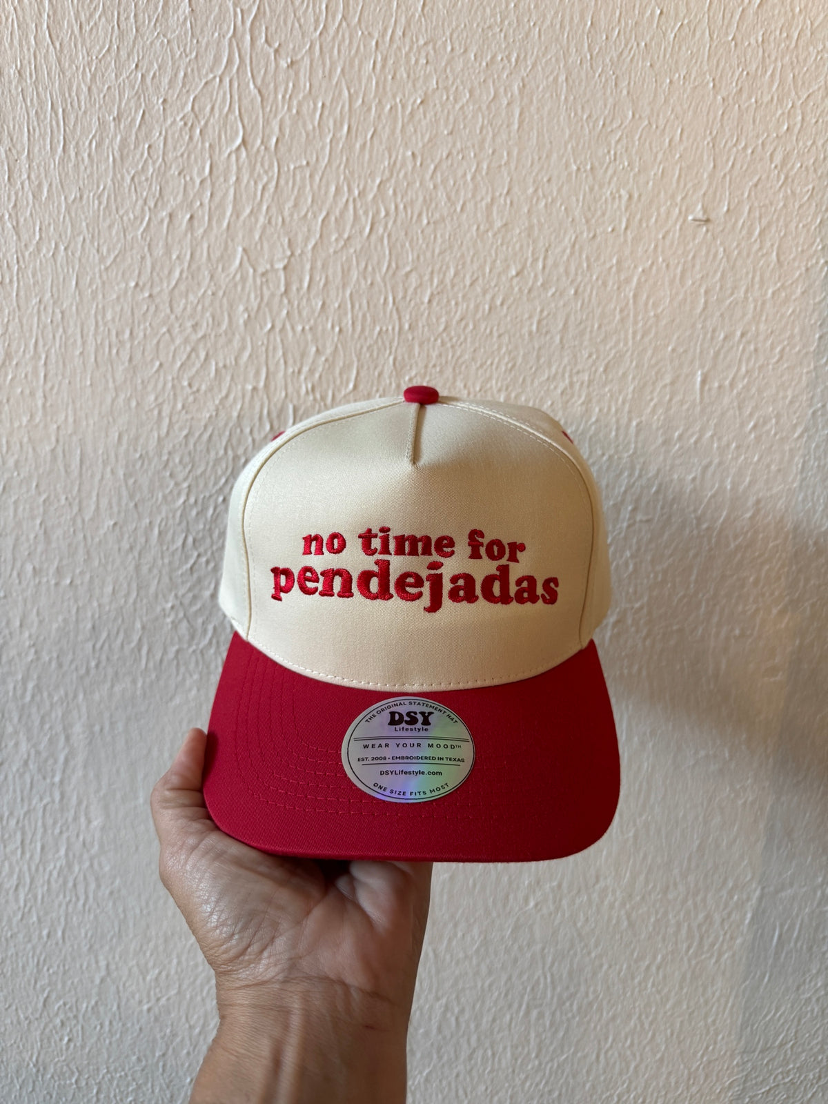 No Time for Pendejadas embroidered two-tone trucker hat on a white background