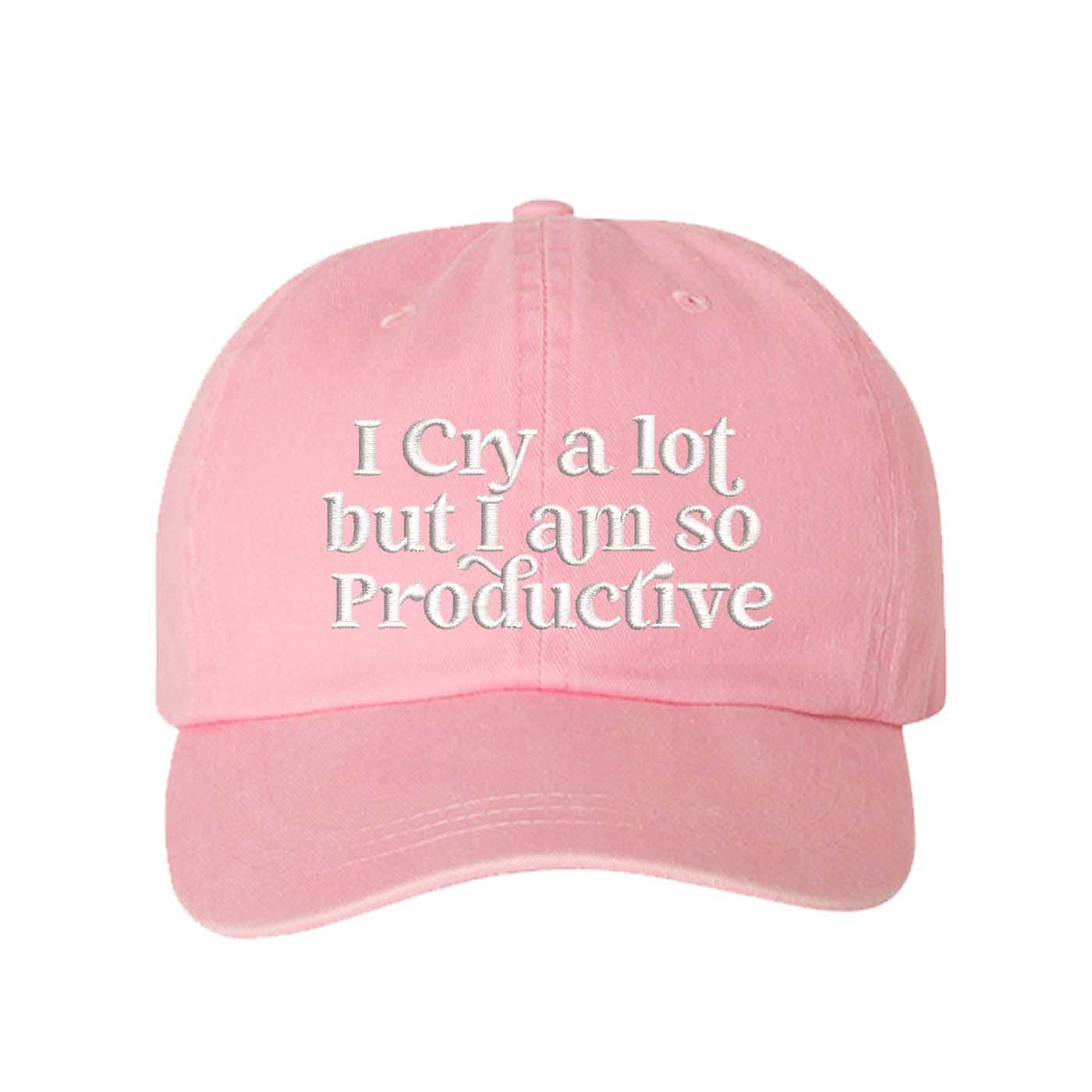 Pink I Cry A Lot But I Am So Productive Washed Statement Baseball Hat – a washed, relaxed-fit statement cap designed for everyday comfort and real-life moods. Trendy, adjustable, and effortlessly stylish. - DSY Lifestyle
