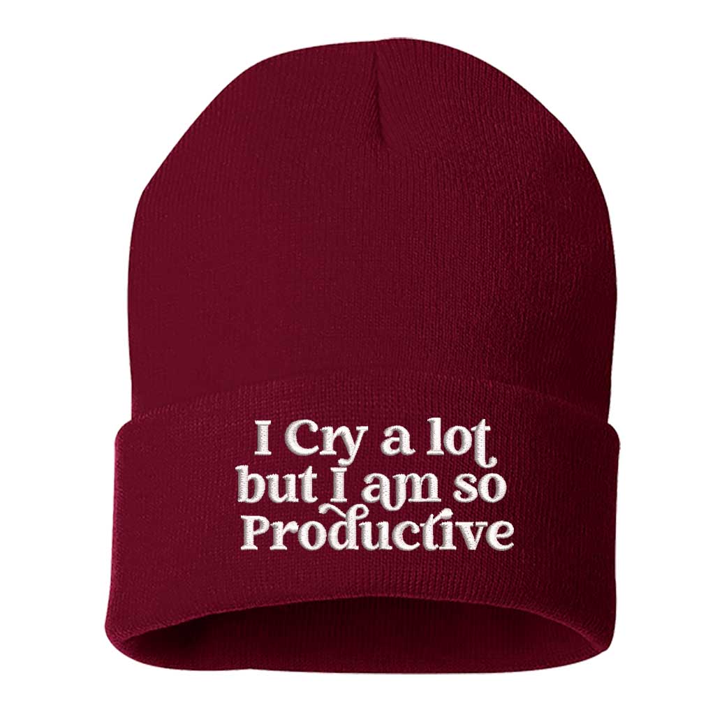 Red beanie embroidered with the phrase i cry a lot but i am so productive-DSY Lifestyle