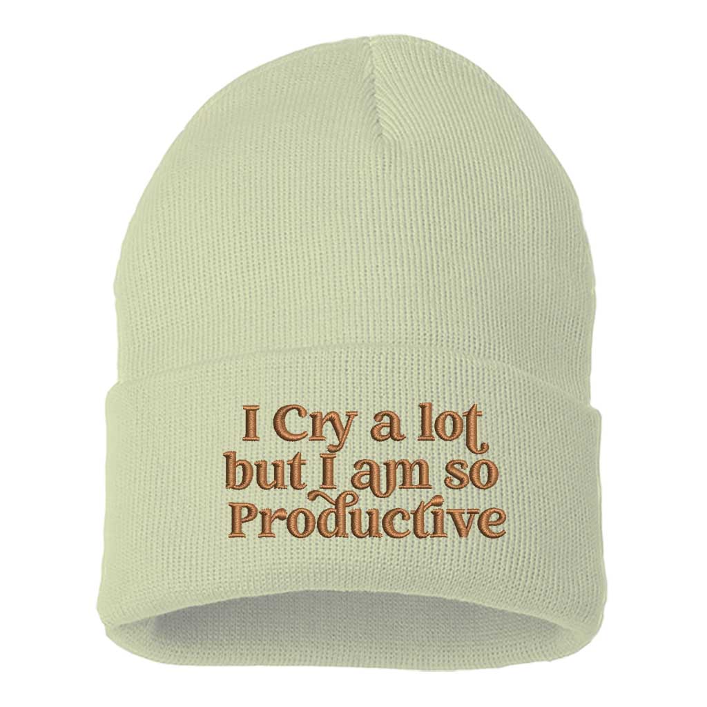 Cream/Brown thread beanie embroidered with the phrase i cry a lot but i am so productive-DSY Lifestyle