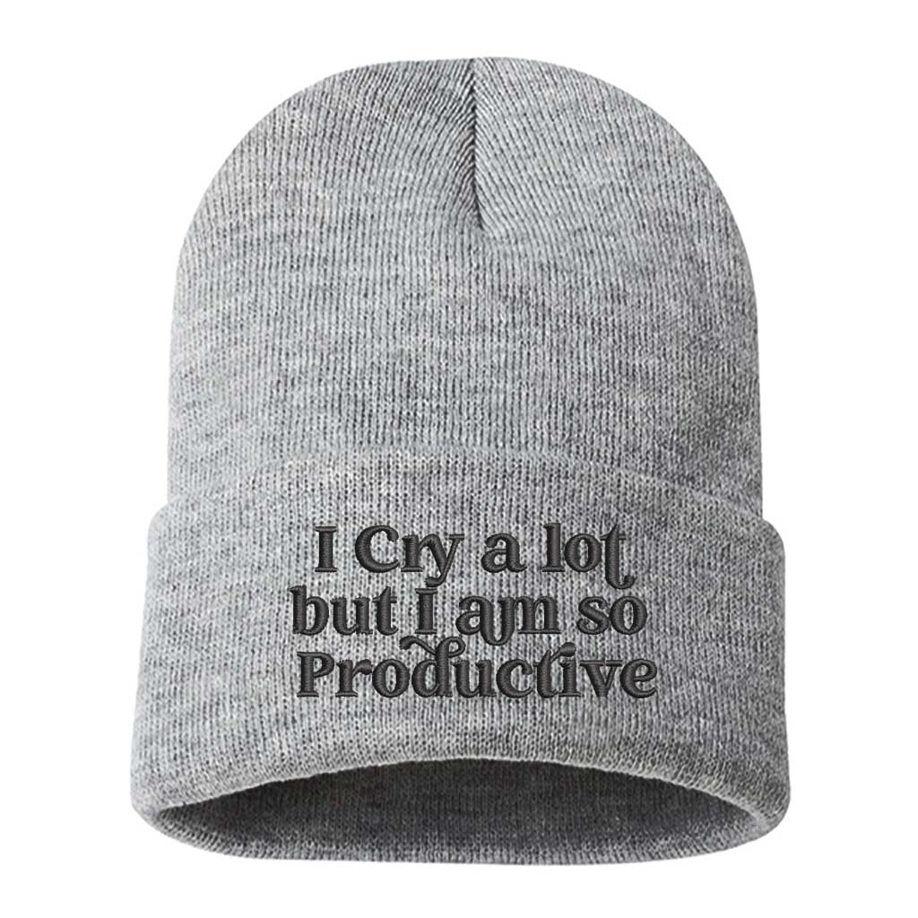 Heather Gray/Graythread beanie embroidered with the phrase i cry a lot but i am so productive-DSY Lifestyle