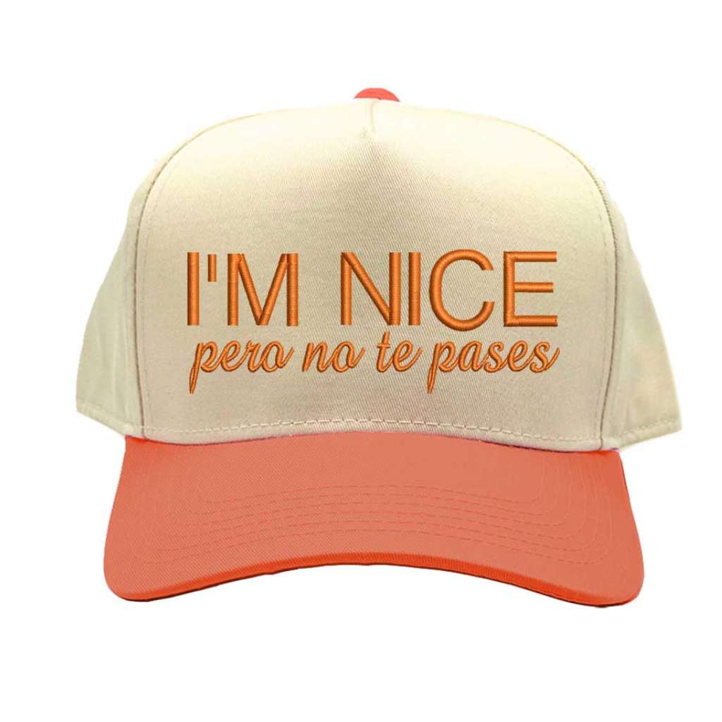 Beige and orange cap with text on a white background