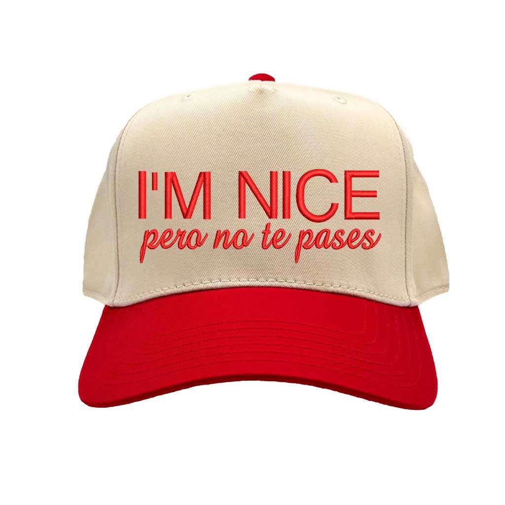 Beige and red cap with text &