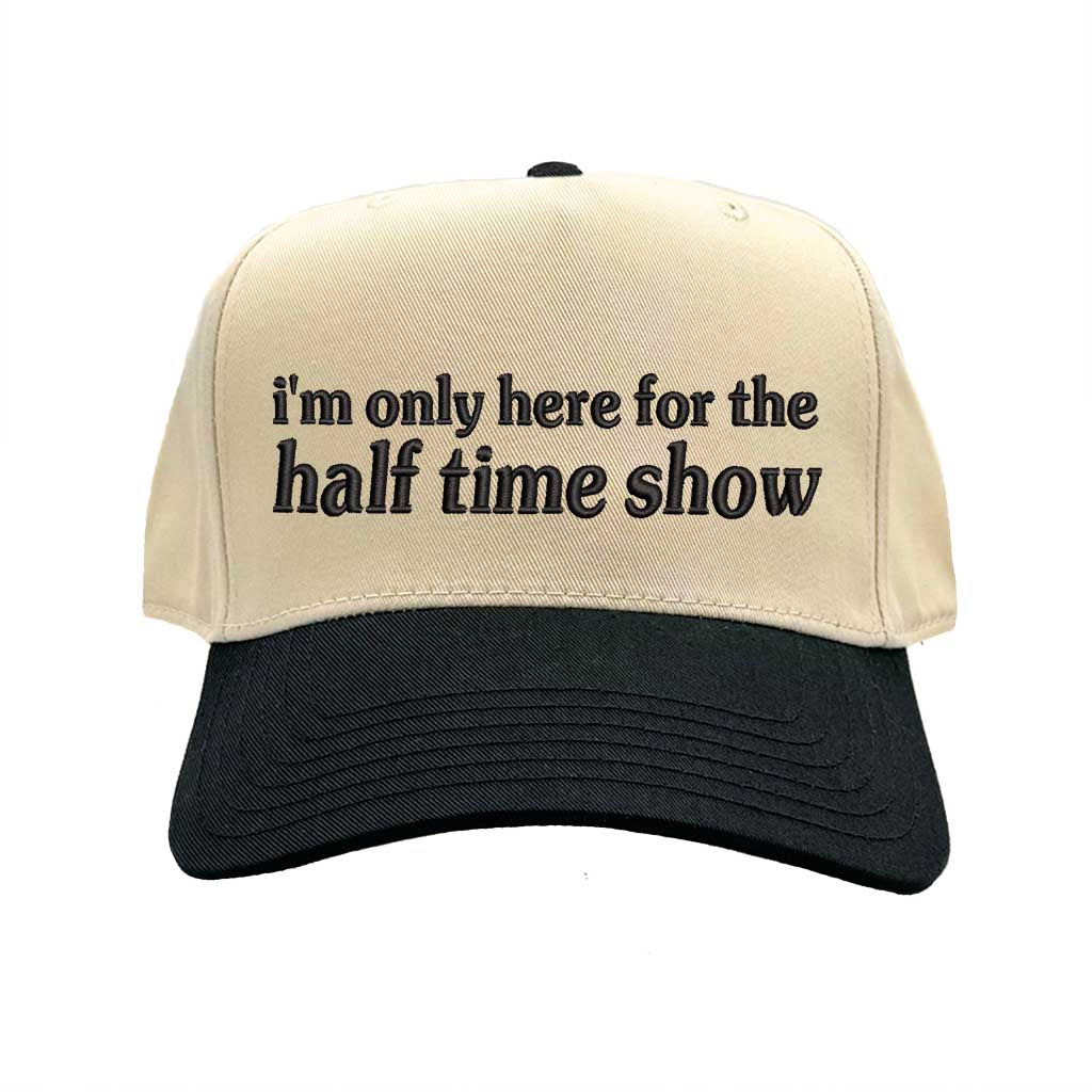 Natural Black I’m Only Here for the Halftime Show 5 Panel Baseball Hat, a funny statement hat for game day laughs and playful vibes. DSY Lifestyle.