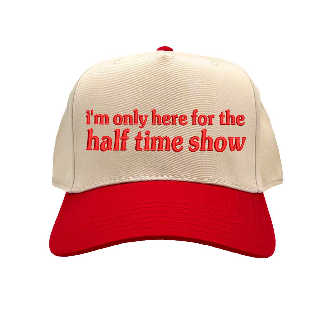 Natural Red I’m Only Here for the Halftime Show Two-Tone Baseball Hat, a funny statement hat for game day laughs and playful vibes. DSY Lifestyle.