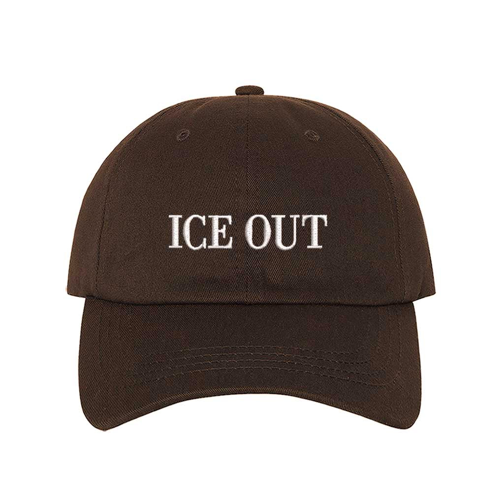 Brown Ice Out Old English Baseball Hat featuring white Gothic embroidery on a classic cap; inspired by Bad Bunny&