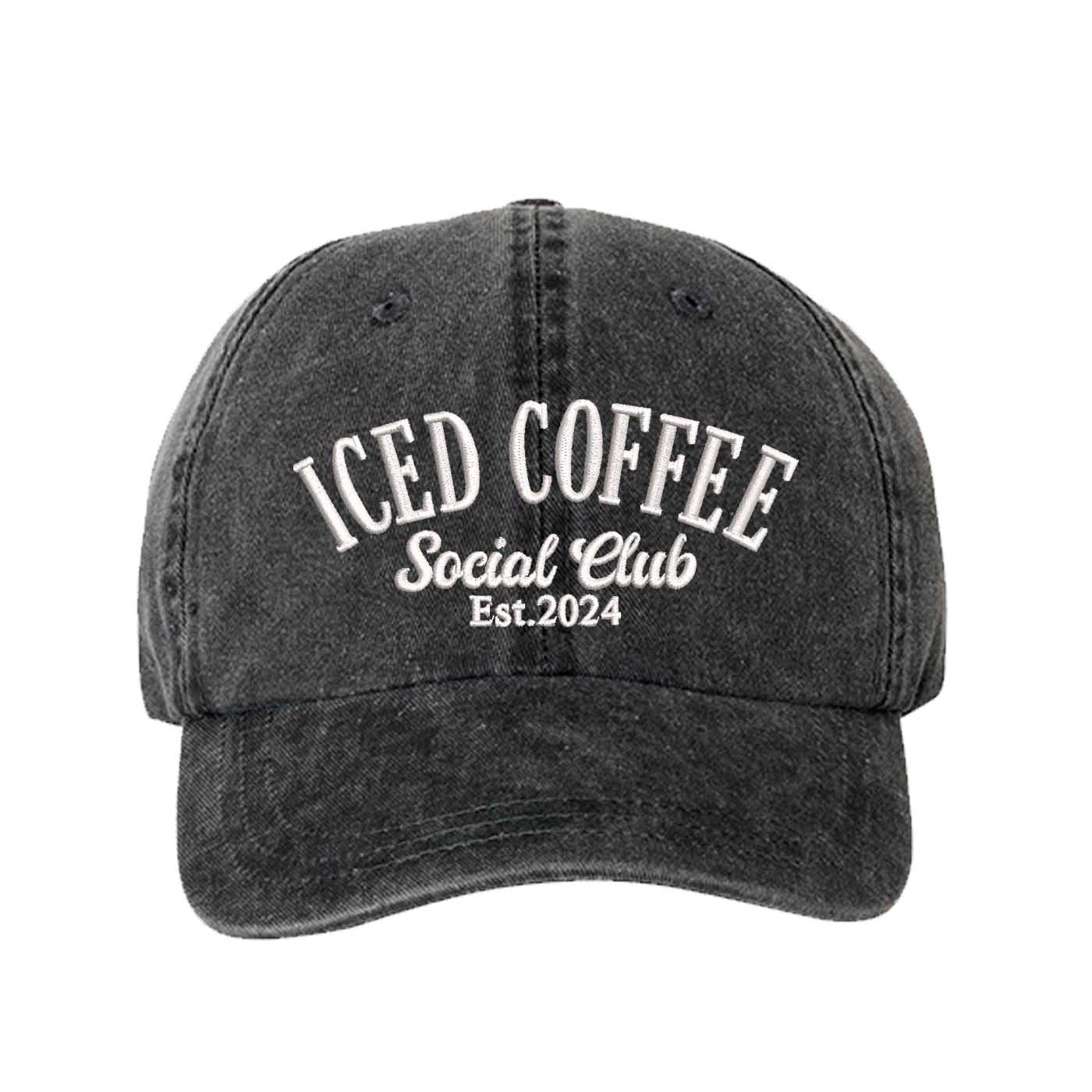 Black Iced Coffee Social Club Est. 2024 Washed Statement Baseball Hat – a washed, relaxed-fit statement cap designed for everyday comfort and real-life moods. Trendy, adjustable, and effortlessly stylish. - DSY Lifestyle