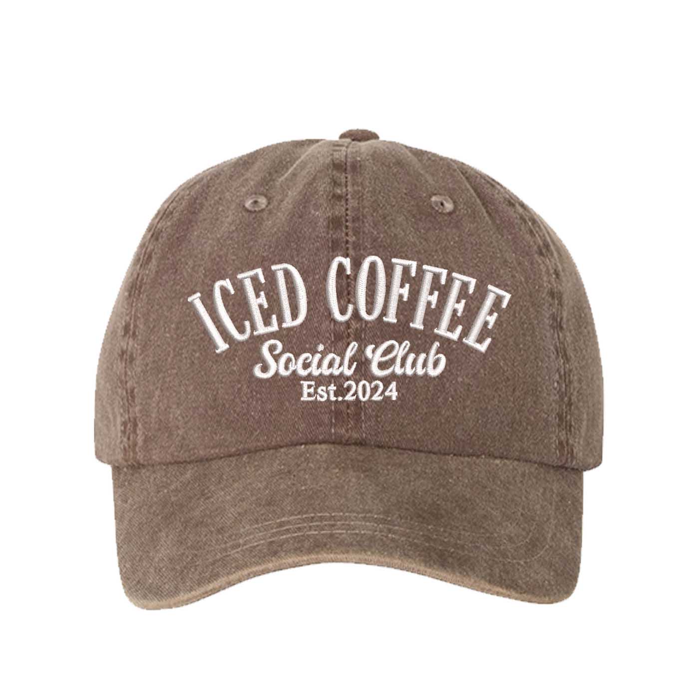Chocolate Brown Iced Coffee Social Club Est. 2024 Washed Statement Baseball Hat – a washed, relaxed-fit statement cap designed for everyday comfort and real-life moods. Trendy, adjustable, and effortlessly stylish. - DSY Lifestyle