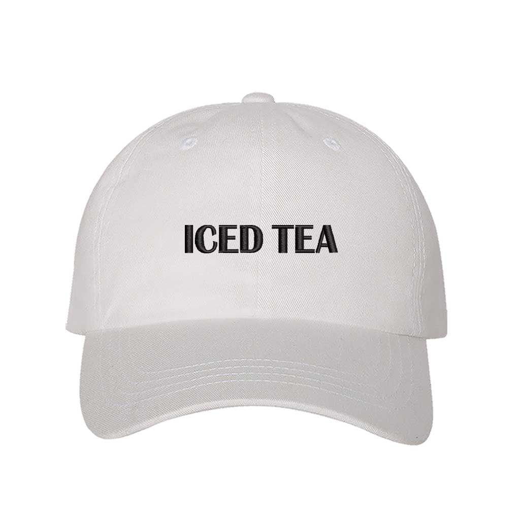 White Iced Tea embroidered baseball hat in a premium cotton twill featuring high-density typography by DSY Lifestyle.