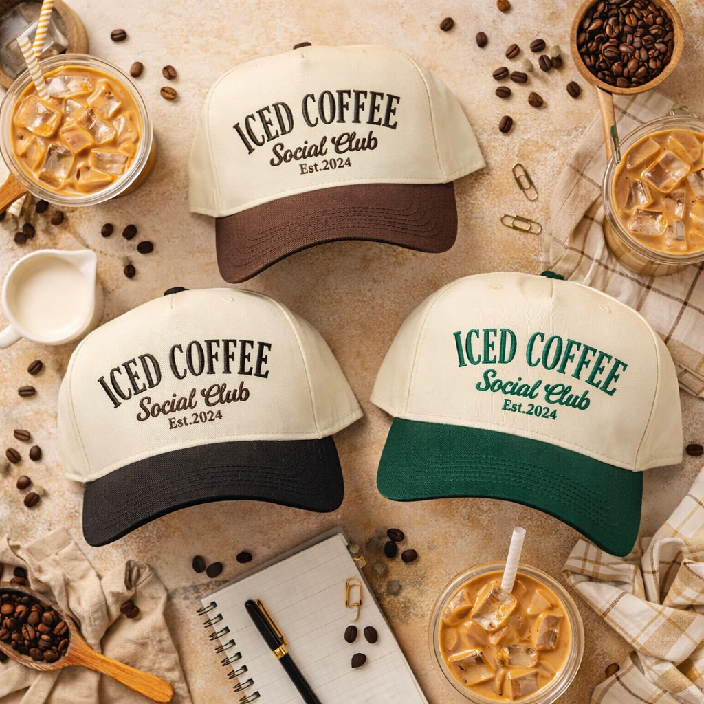 Three embroidered ICED COFFEE Social Club&