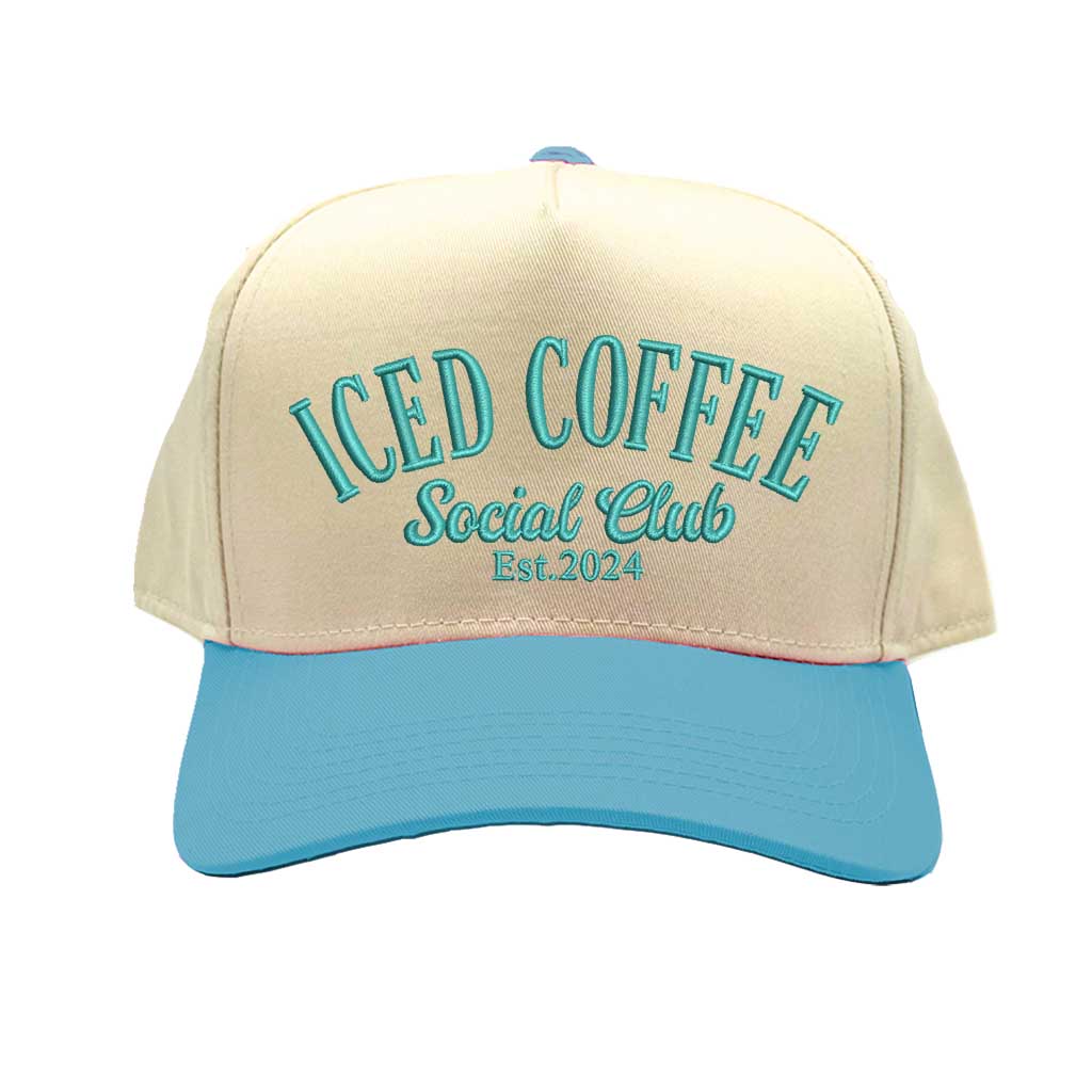 Beige and blue cap with embroidered ICED COFFEE Social Club Est. 2024 - DSY Lifestyle