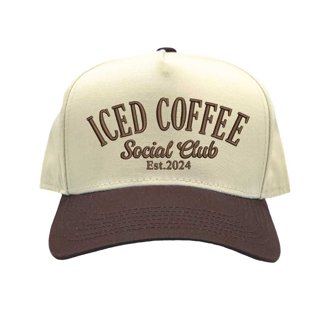 Beige and brown cap embroidered with ICED COFFEE Social Club Est. 2024 DSY Lifestyle
