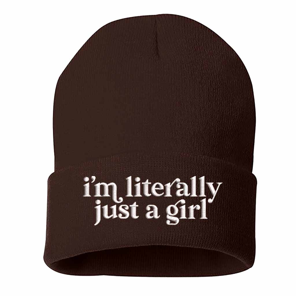 Brown I’m Literally Just a Girl embroidered knit beanie with foldover cuff and soft cozy material – DSY Lifestyle