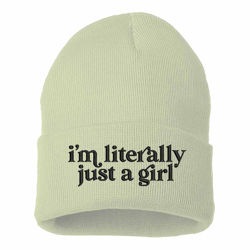 Cream with black thread I’m Literally Just a Girl embroidered knit beanie with foldover cuff and soft cozy material – DSY Lifestyle