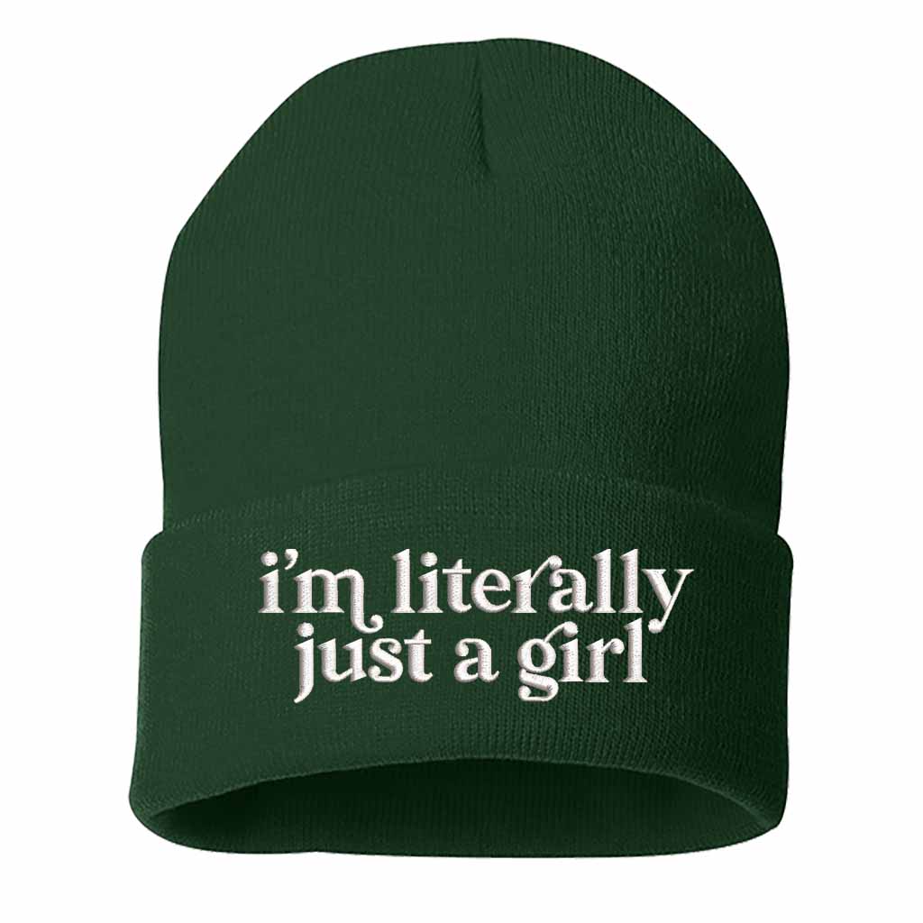 Forest Green I’m Literally Just a Girl embroidered knit beanie with foldover cuff and soft cozy material – DSY Lifestyle
