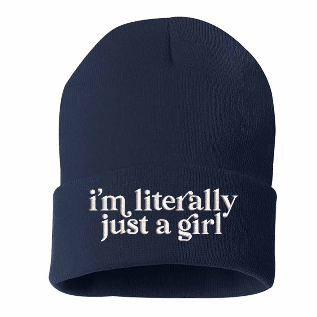Navy Blue I’m Literally Just a Girl embroidered knit beanie with foldover cuff and soft cozy material – DSY Lifestyle