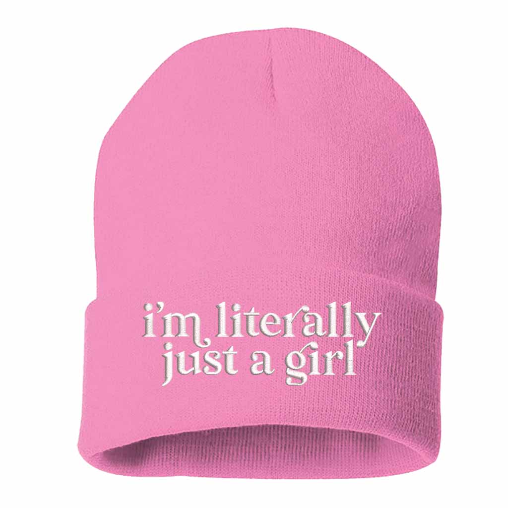 Light Pink I’m Literally Just a Girl embroidered knit beanie with foldover cuff and soft cozy material – DSY Lifestyle