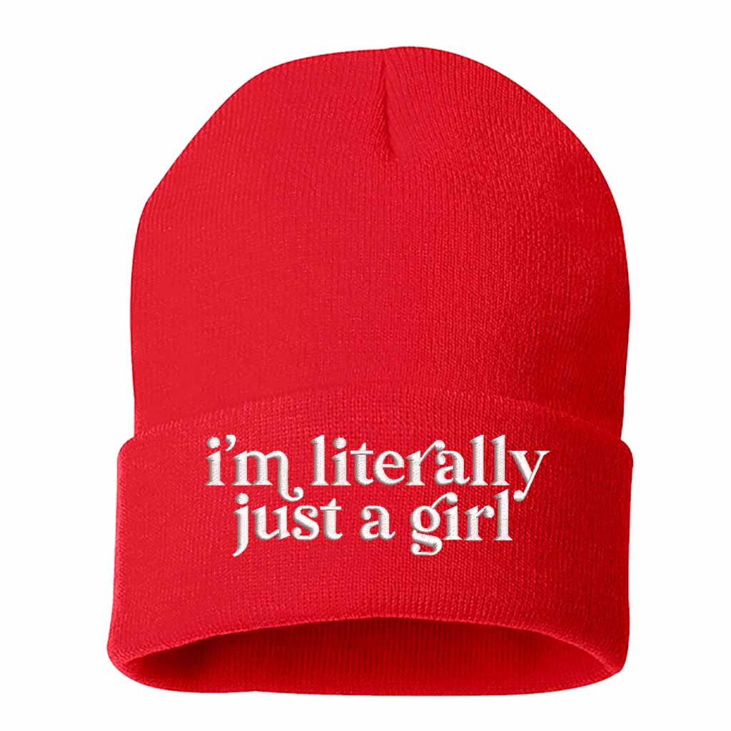 Red I’m Literally Just a Girl embroidered knit beanie with foldover cuff and soft cozy material – DSY Lifestyle