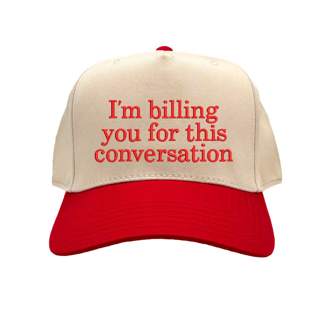 Beige and red cap with text &