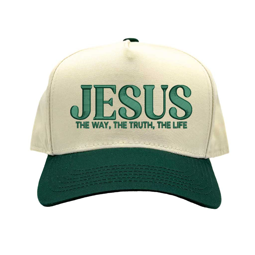 Natural Forest Green Jesus The Way The Truth The Life 3D Two-Tone Hat featuring bold 3D raised embroidery on a natural crown with a contrasting visor; a premium faith statement by DSY Lifestyle.