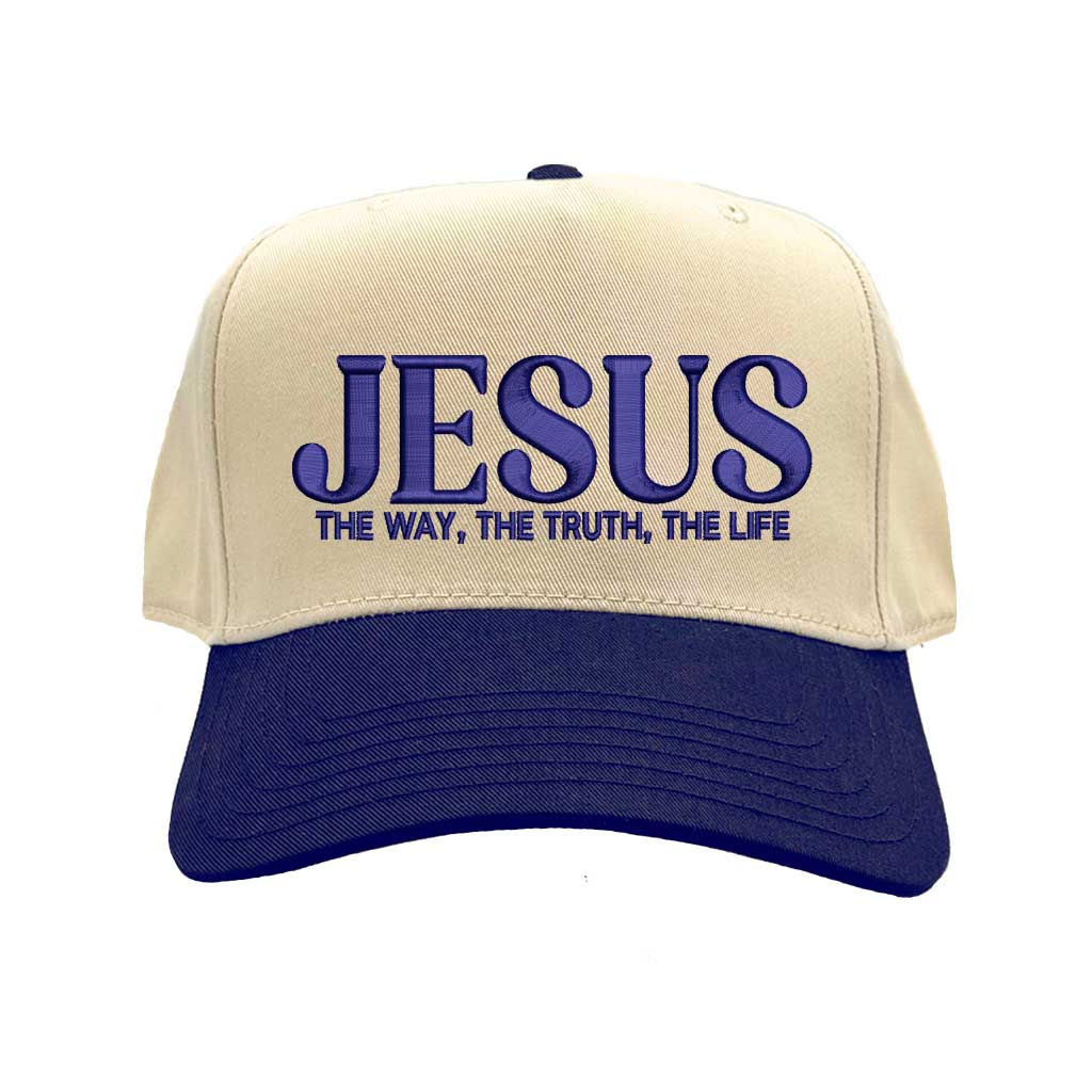 Natural Navy Blue Jesus The Way The Truth The Life 3D Two-Tone Hat featuring bold 3D raised embroidery on a natural crown with a contrasting visor; a premium faith statement by DSY Lifestyle.