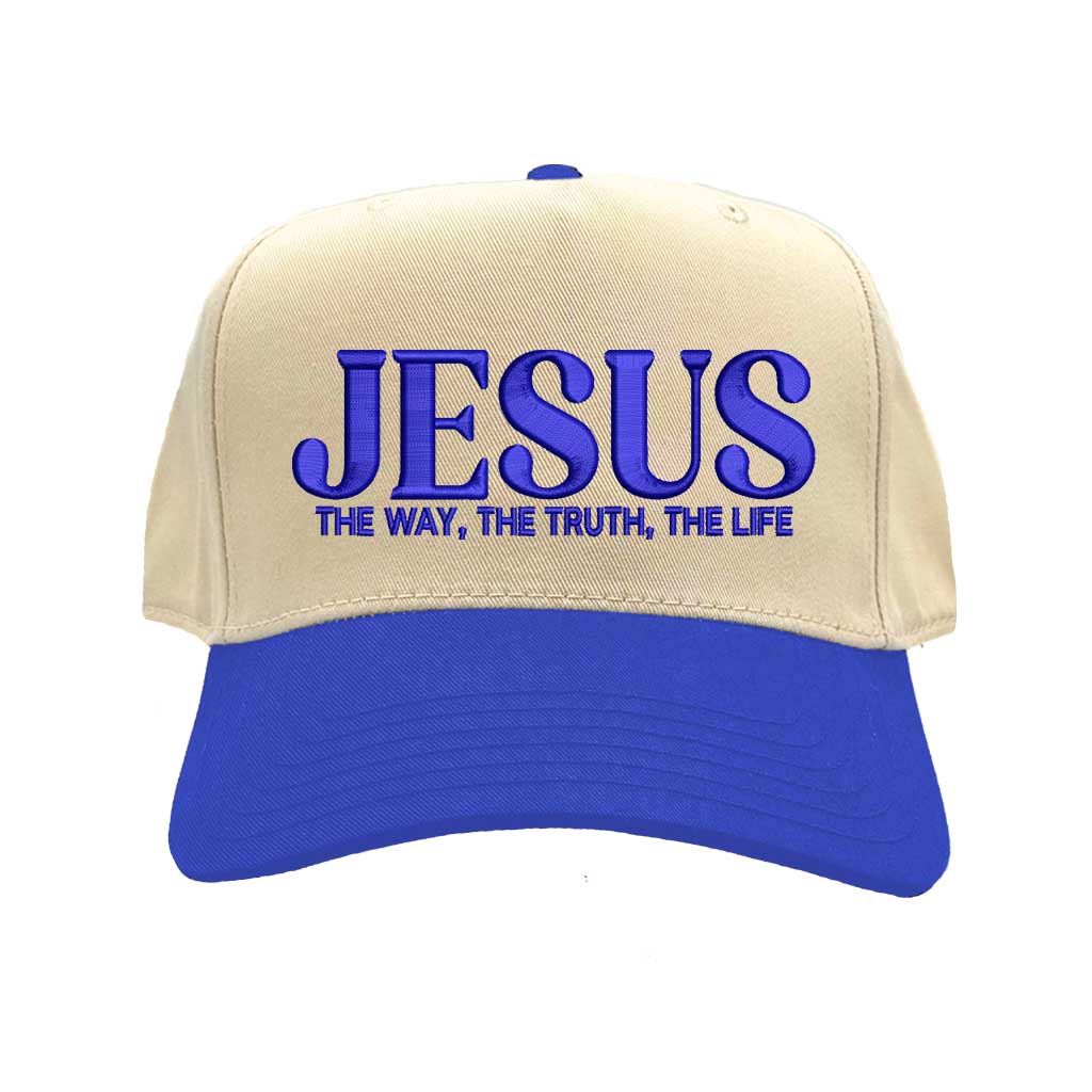 Natural Royal Blue Jesus The Way The Truth The Life 3D Two-Tone Hat featuring bold 3D raised embroidery on a natural crown with a contrasting visor; a premium faith statement by DSY Lifestyle.