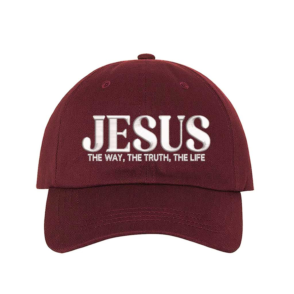 Burgundy Jesus The Way The Truth The Life 3D Puff Baseball Hat featuring bold white 3D raised embroidery on a structured cotton cap; a premium scripture statement piece by DSY Lifestyle.