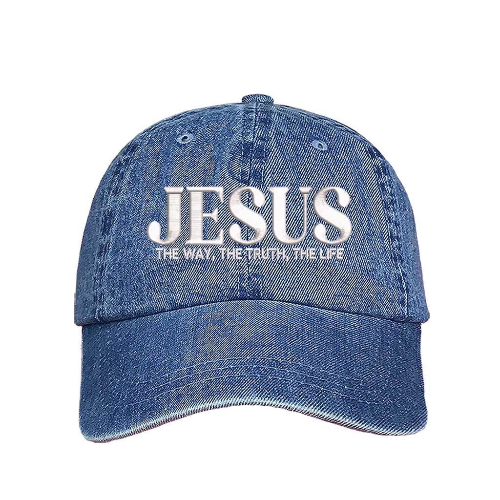 Light Denim Jesus The Way The Truth The Life 3D Puff Baseball Hat featuring bold white 3D raised embroidery on a structured cotton cap; a premium scripture statement piece by DSY Lifestyle.