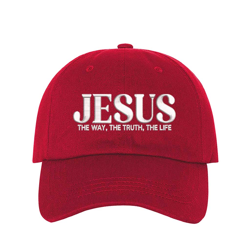 Red Jesus The Way The Truth The Life 3D Puff Baseball Hat featuring bold white 3D raised embroidery on a structured cotton cap; a premium scripture statement piece by DSY Lifestyle.