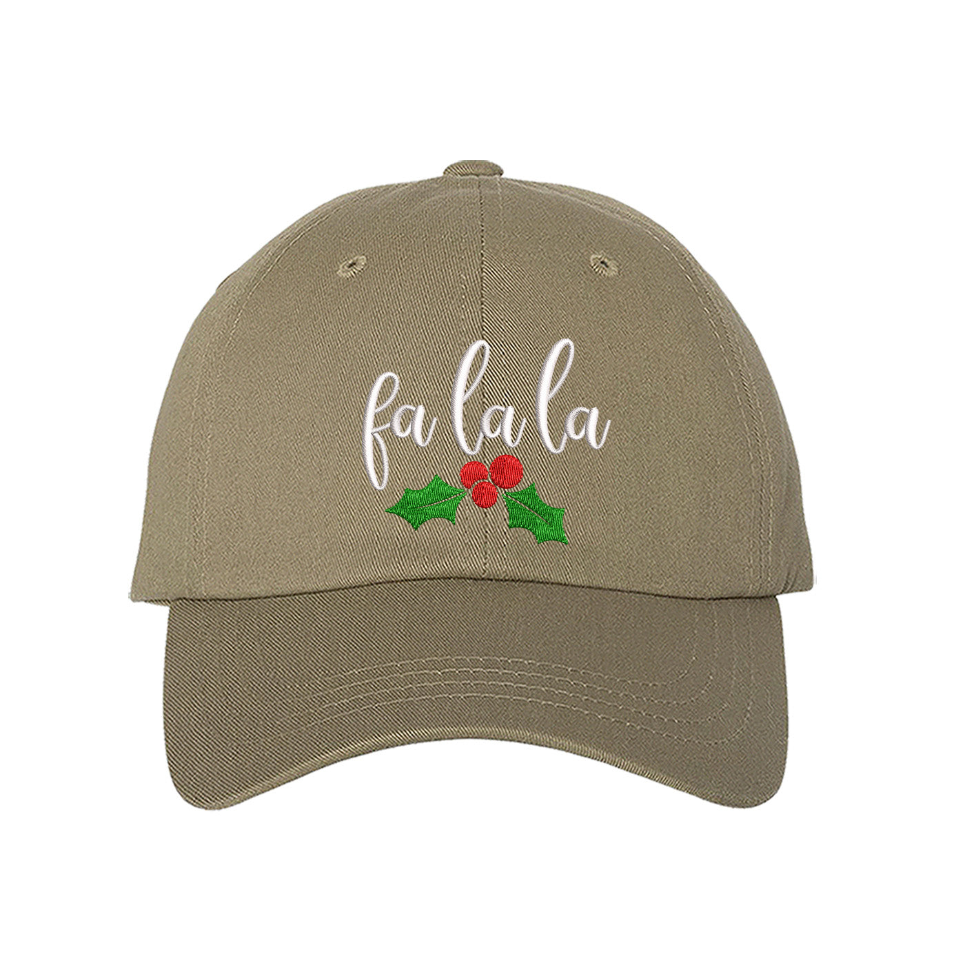 Khaki Fa La La Christmas Mistletoe Embroidered Baseball Hat featuring festive holiday embroidery with mistletoe design and adjustable hook and loop fit. – DSY Lifestyle